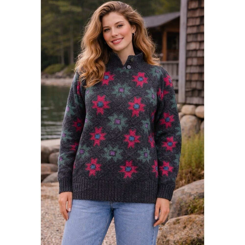 Vintage Woolrich Womens Sweater Sz Large Charcoal Gray Star Pattern Wool Nordic
